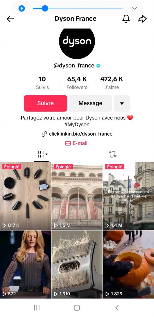 Capture d’écran du compte TikTok de Dyson France, en octobre 2024