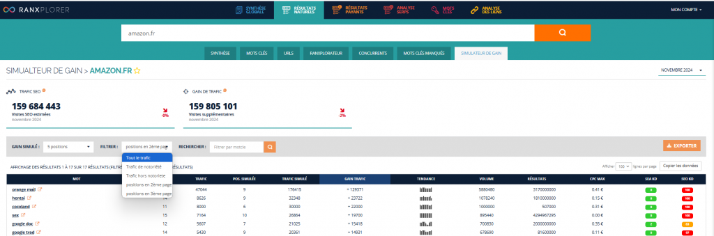 Fonction "Simulateur de gain" de Ranxplorer