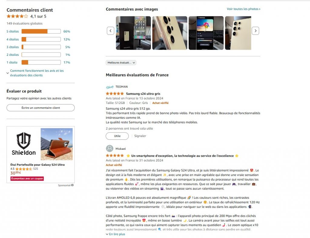 Avis clients sur un produit vendu et expédié par Amazon