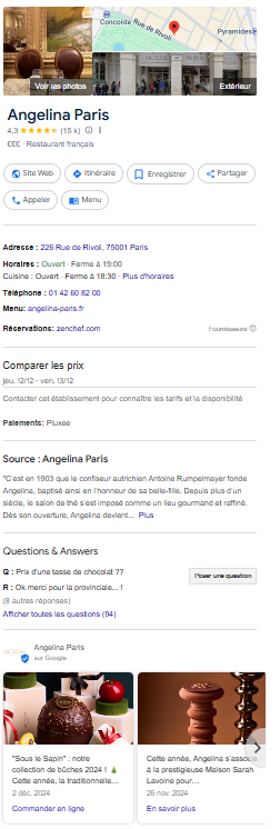 Fiche Google Business Profile du café Angelina Paris