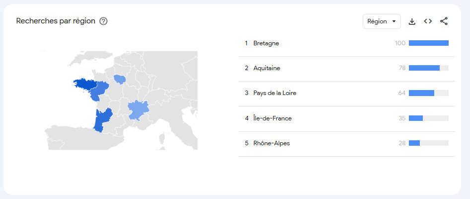 Carte Google Trends sur la requête "langoustine noel"