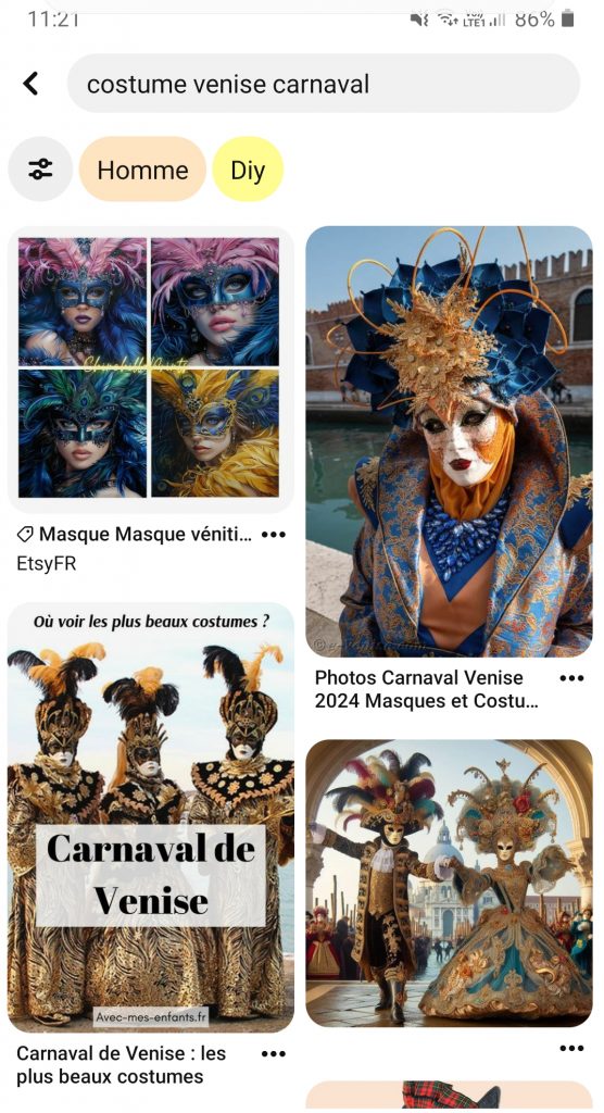 © Capture d'écran de la page Pinterest "costume venise carnaval"