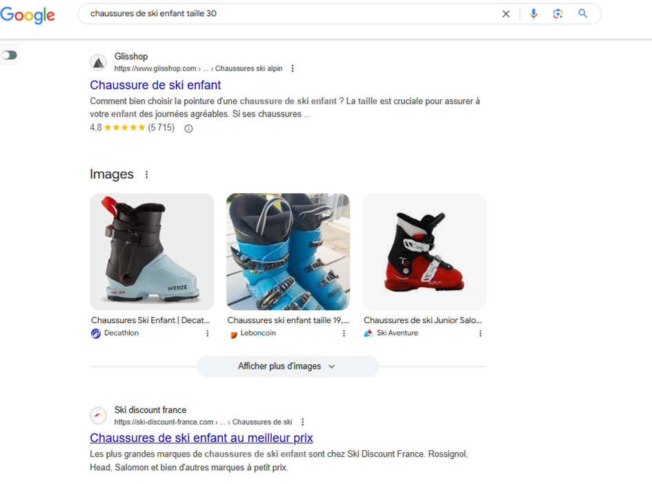 SERP "chaussures de ski enfant" avec résultats images