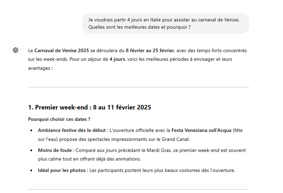 Les conseils pertinents et erronés de SearchGPT sur le Carnaval de Venise 2025.