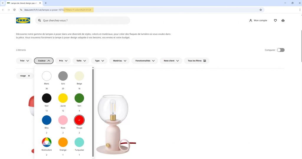 Capture d’écran du paramétrable URL "lampe de chevet" Ikea
