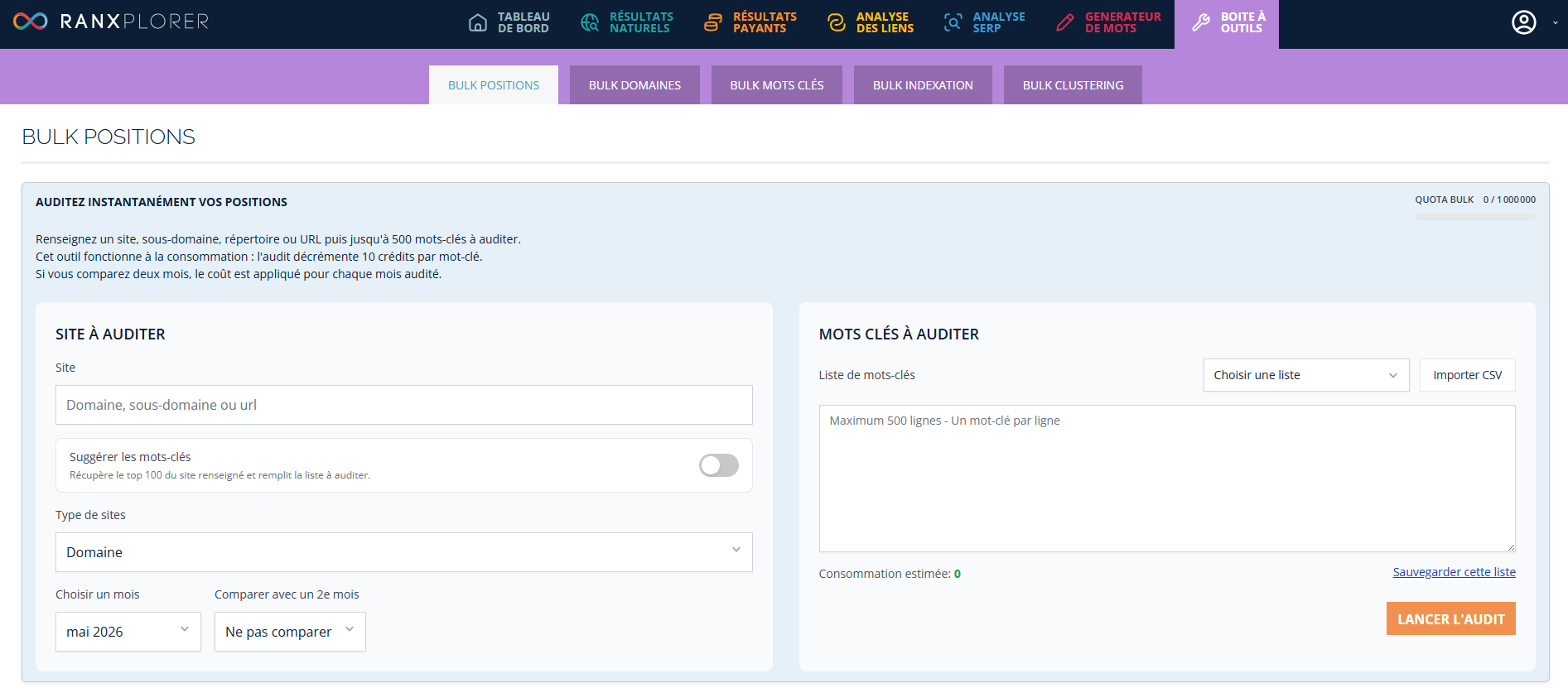 Outil bulk positions - audit instantané de positionnement des mots-clés SEO